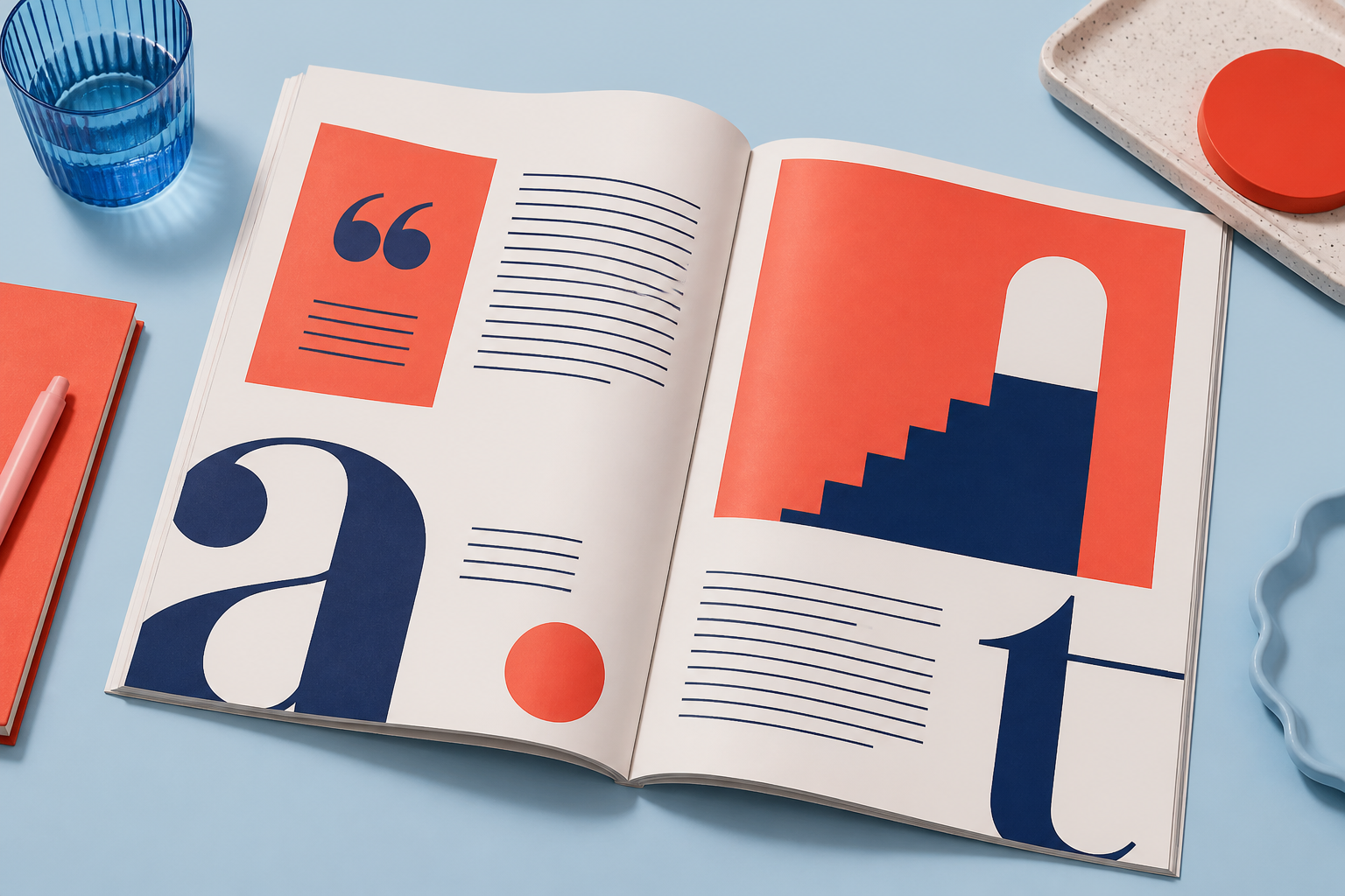 Editorial magazine-style colour blocks suggesting a review desk