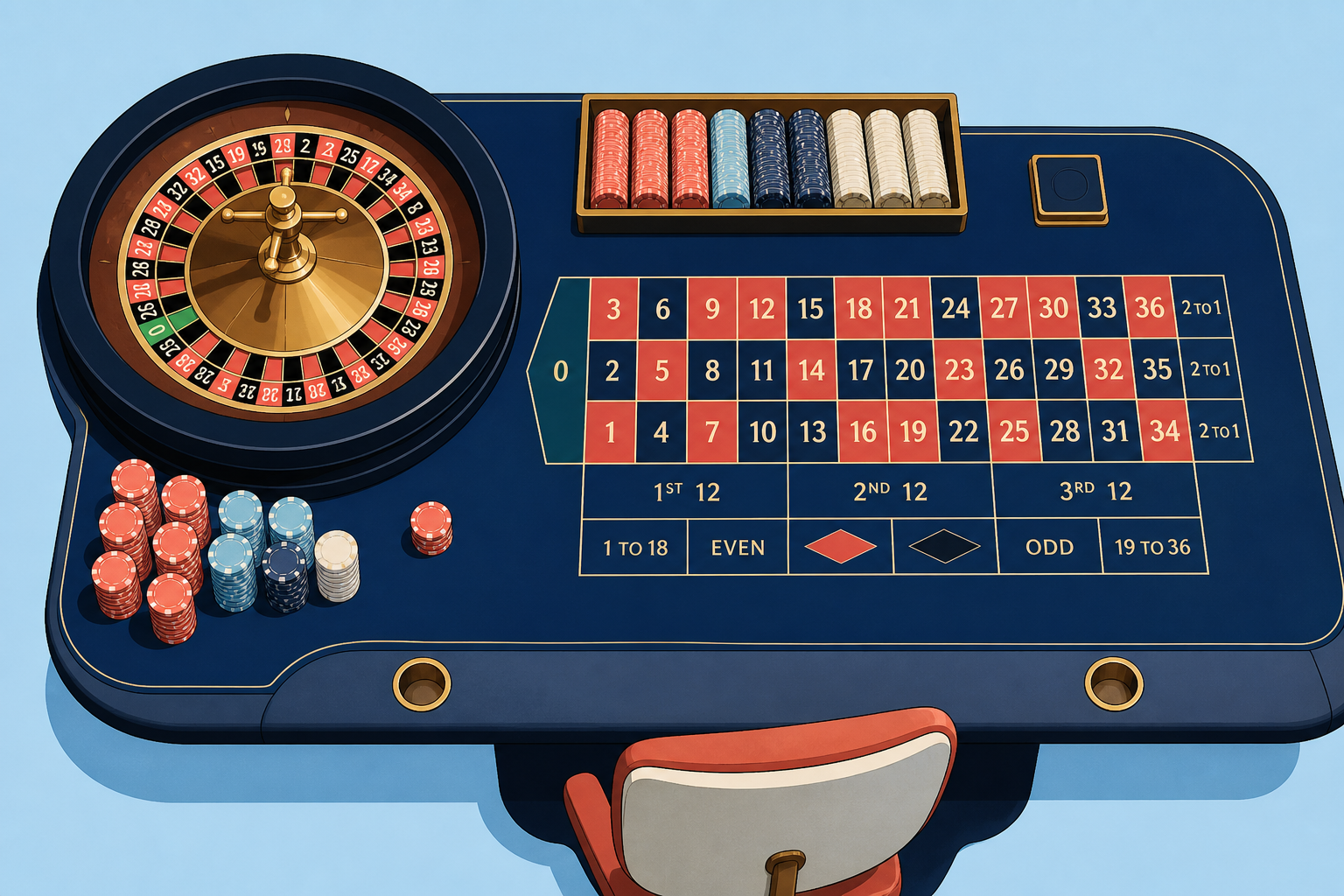 Stylised live roulette table illustration with coral chips