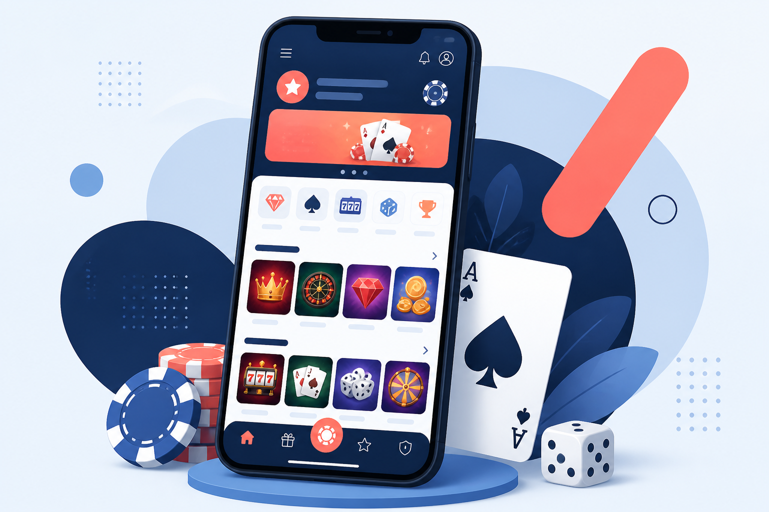 Stylised smartphone showing a clean mobile casino lobby layout
