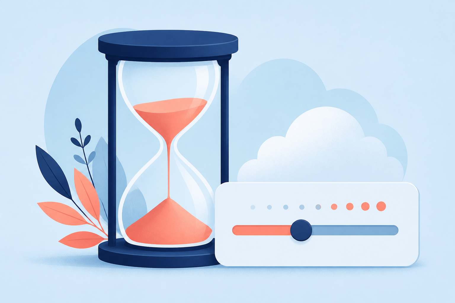 Illustration of an hourglass and limit controls in coral and navy
